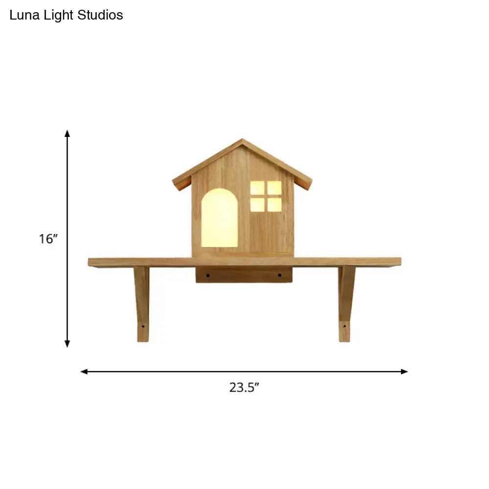 Beige wooden house wall sconce with storage shelf featuring warm white light and an arched window design