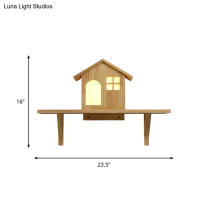 Beige wooden house wall sconce with storage shelf featuring warm white light and an arched window design