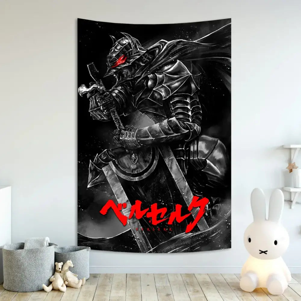 Black and red decorbites berserk sacrifice tapestry featuring detailed berserk character illustration and bold japanese text