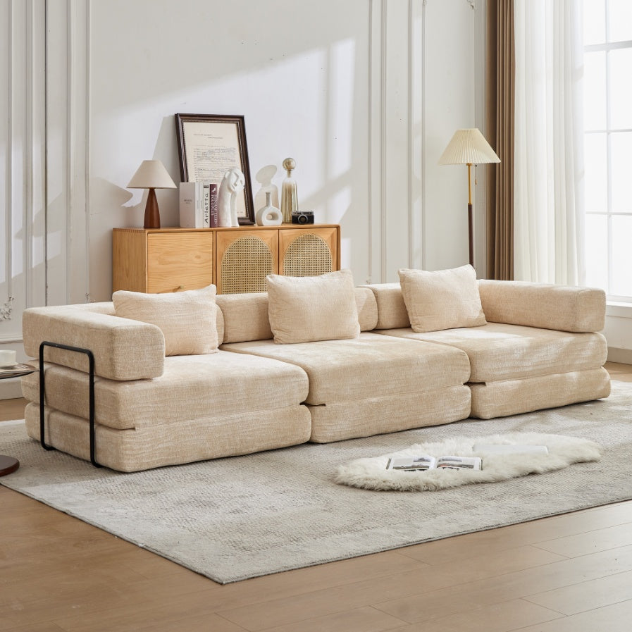 Kompressions-Sofa, Umwandelbares Boden-Sofa-Bett mit feststehendem Rahmen, Knochenloses modulares Sektionssofa, Keine Montage erforderlich, Chenille-Stoff, für Wohnzimmer und Schlafzimmer, Beige