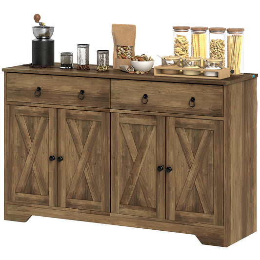 Küchenschrank Sideboard, Landhausbüffet-Schrank mit Scheunentor-Stil-Türen, Schubladen, höhenverstellbaren Regalen, Hellbraun