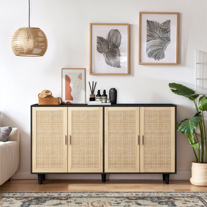 62,20 Elegantes und funktionales 4-Türenschrank aus Rattan für dekorative Aufbewahrung, für Schlafzimmer, Wohnzimmer, Büro, einfache Montage, Schwarz
