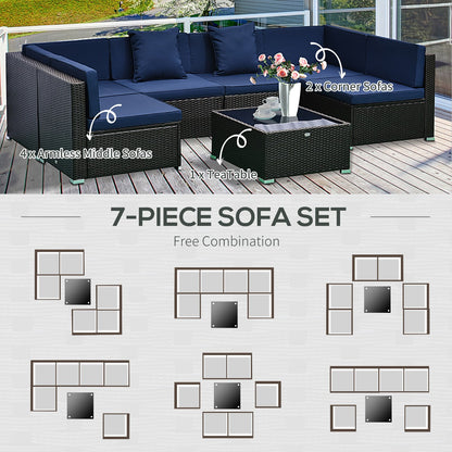 7-teiliges Set Rattan-Sofa Luxus-Modulares Gesprächsmöbel für Draußen - Tiefblau