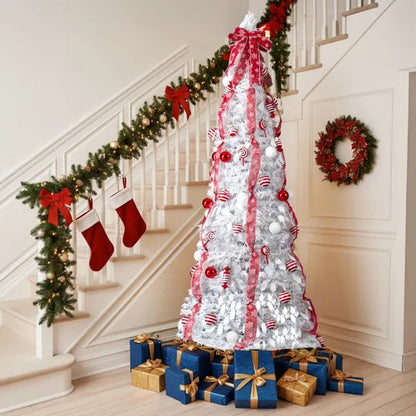 7 FT Vollständig Dekorierter Vorbeleuchteter Weihnachtsbaum, Pop-Up Künstlicher Xmas-Baum mit 170 Warmen Lichtern und Roten Kugeln für Zuhause, Büro, Laden und Feiertagsdekoration, Weiß