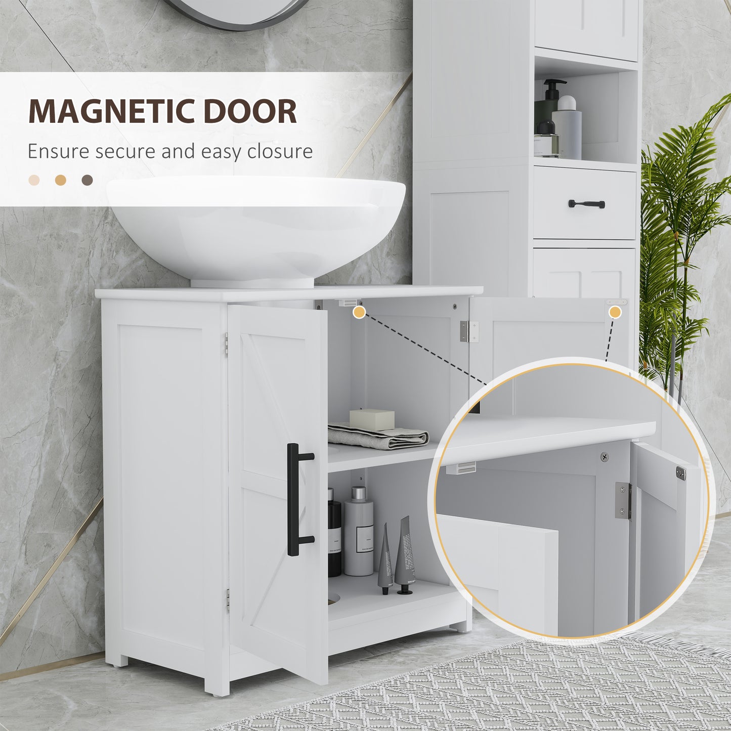 Bauernhaus-Piedestal-Waschbecken-Schrank, Badezimmer-Waschbecken-Schrank mit 2 Scheunentüren und einstellbarem Regal, Weiß
