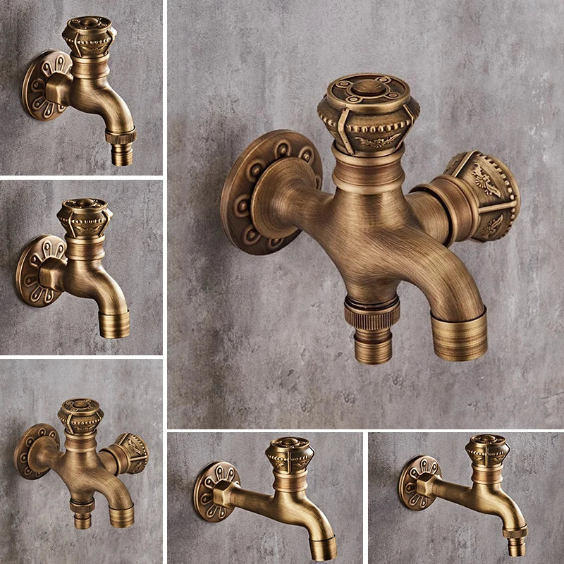 Antique bronze wall mounted bibcocks faucet with brass finish and ornate detailing for kitchen bathroom outdoor use