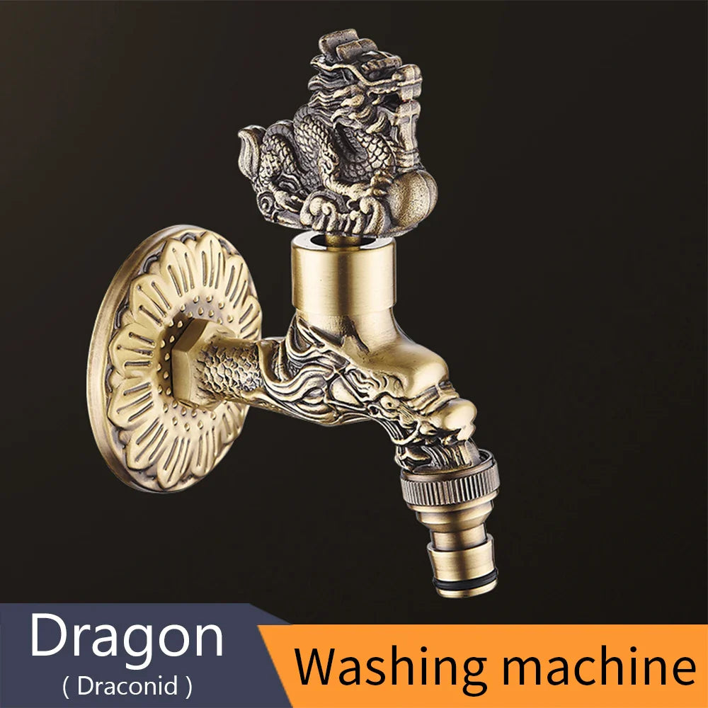 Antique bronze washing machine faucet with brass dragon carving and decorative fluted wall plate for indoor or outdoor use