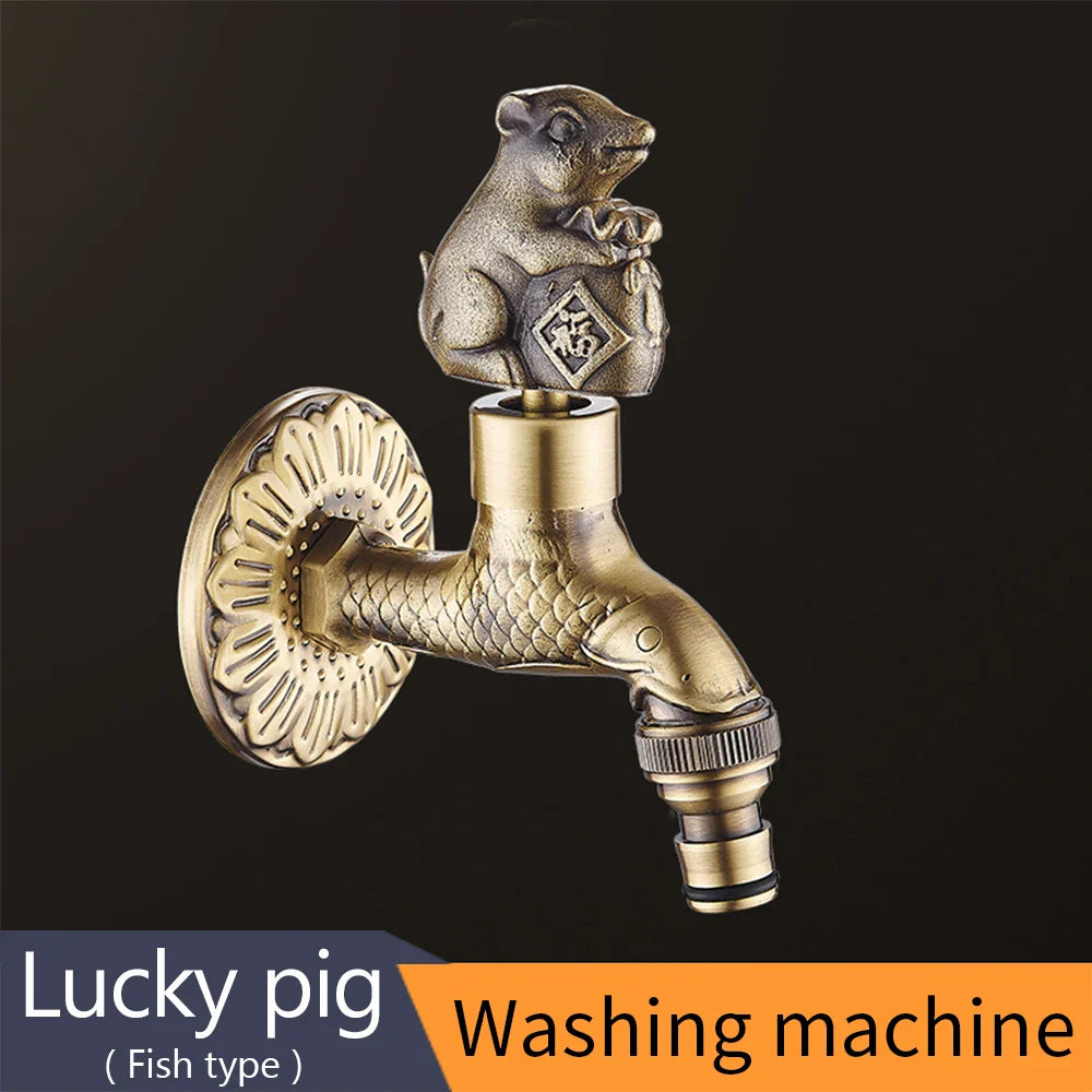 Antique bronze bidcock faucet with brass fish spout and ornate lucky pig handle for washing machine use