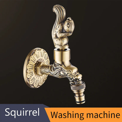 Antique bronze washing machine faucet with brass squirrel design and floral wall plate for garden or bathroom use