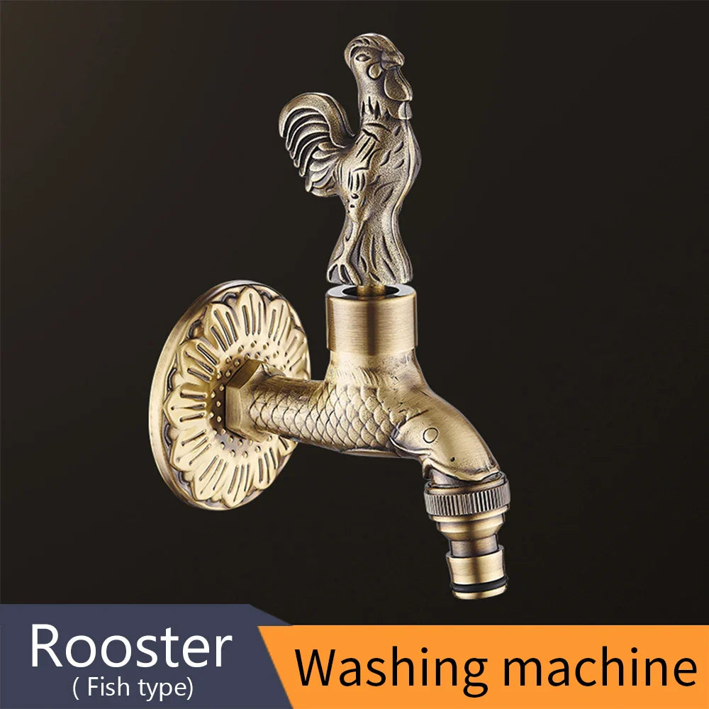 Antique bronze bidcock faucet with brass rooster head and fish-shaped spout for washing machine and garden use