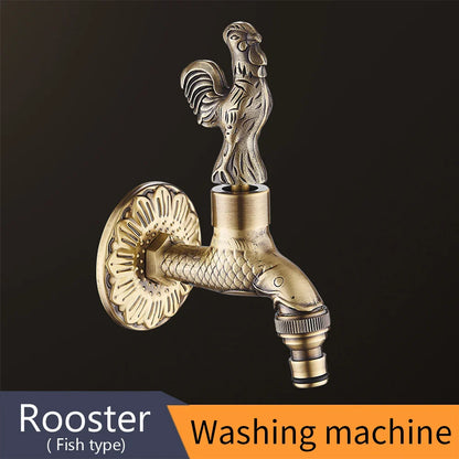Antique bronze bidcock faucet with brass rooster head and fish-shaped spout for washing machine and garden use