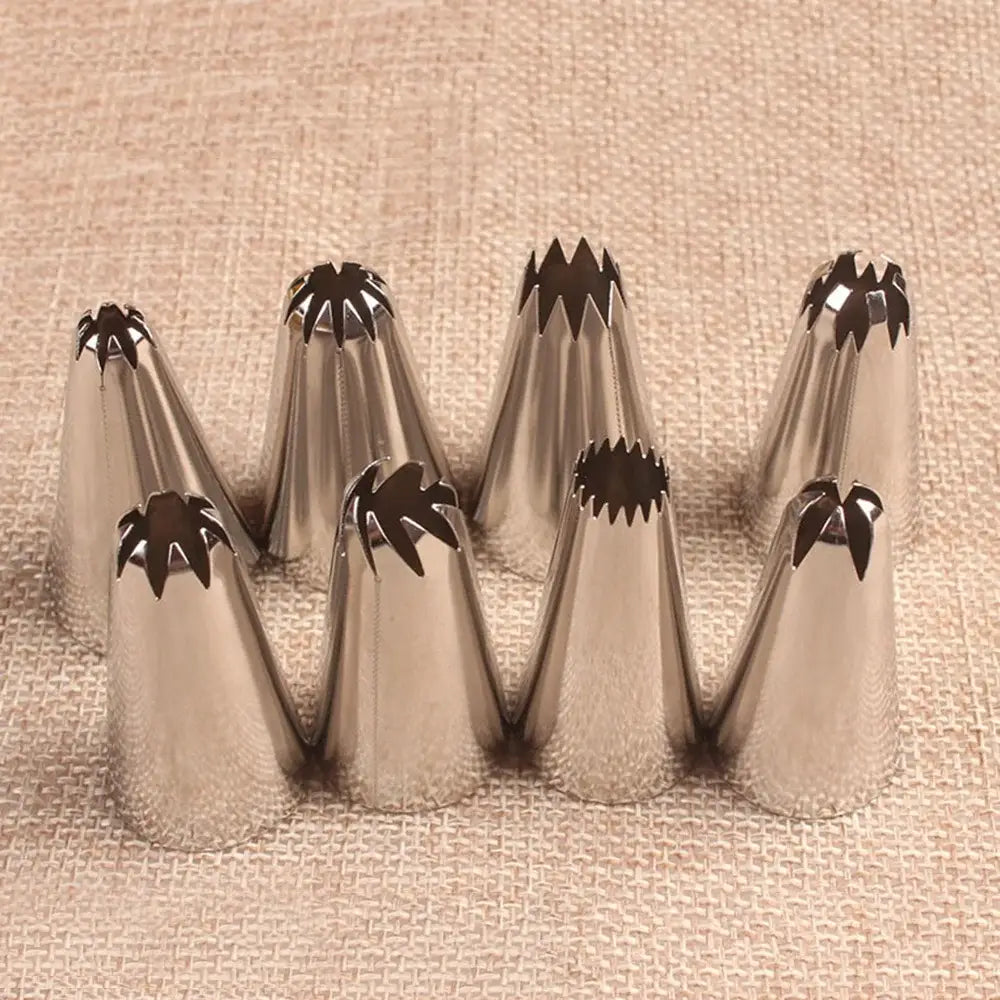 Set of eight stainless steel big size russian pastry piping tips with star-shaped nozzles for cake decorating