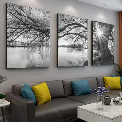 Decorbites stunning big tree lake sunset canvas posters feature three black and white tree lake prints above sofa
