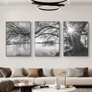 Decorbites stunning big tree lake sunset canvas posters featuring black and white tree lake branches over water