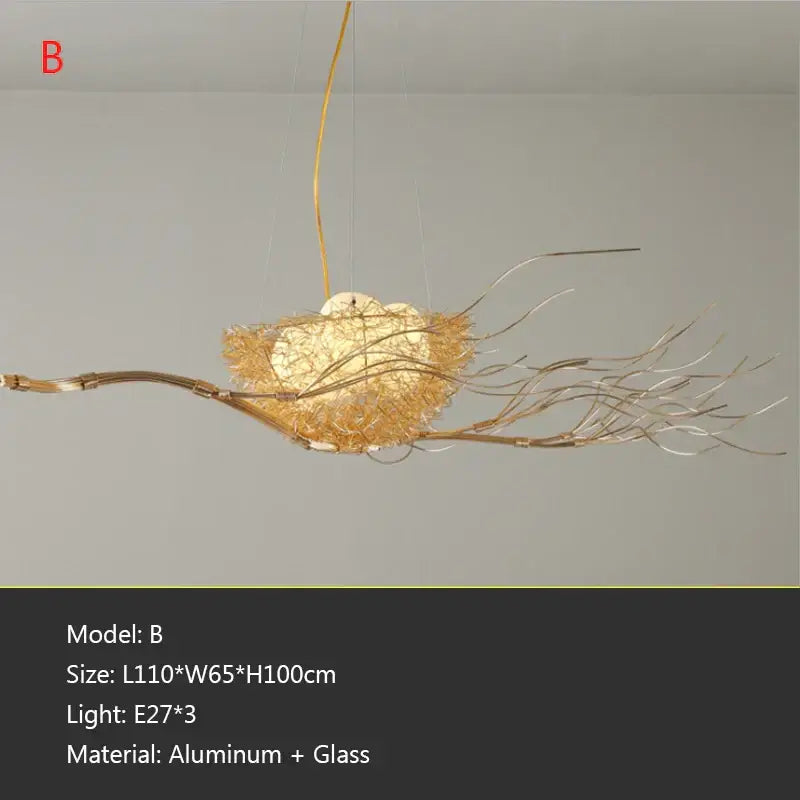 Golden bird nest led pendant light with delicate aluminum and glass construction for dining room and cafe decor