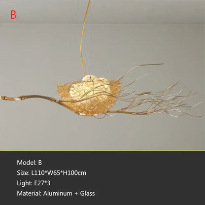 Golden bird nest led pendant light with delicate aluminum and glass construction for dining room and cafe decor