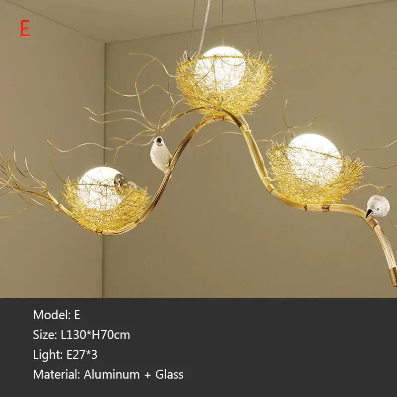 Golden bird-themed nest led pendant light with three glass globe lights on aluminum branches for dining room decor