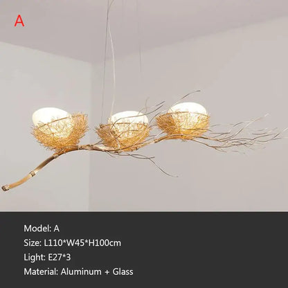 Natural-toned aluminum bird nest led pendant light with three woven nest holders and frosted glass globes for dining room decor