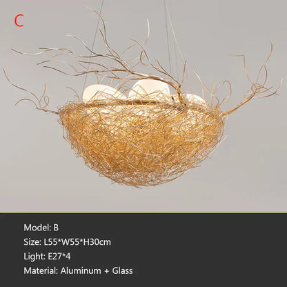 A rustic golden-brown bird nest led pendant light crafted from woven aluminum and glass for dining room decor