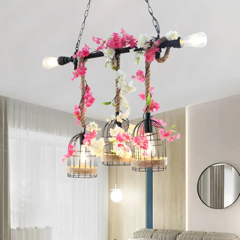 Decorbites 5-head black metal birdcage chandelier with red rose red finish, rope accents, artificial flowers, and exposed bulbs