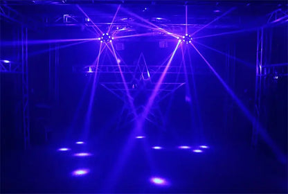 Black 18x10w rotating moving head light stage spotlight projecting sharp blue laser beams on metal trusses