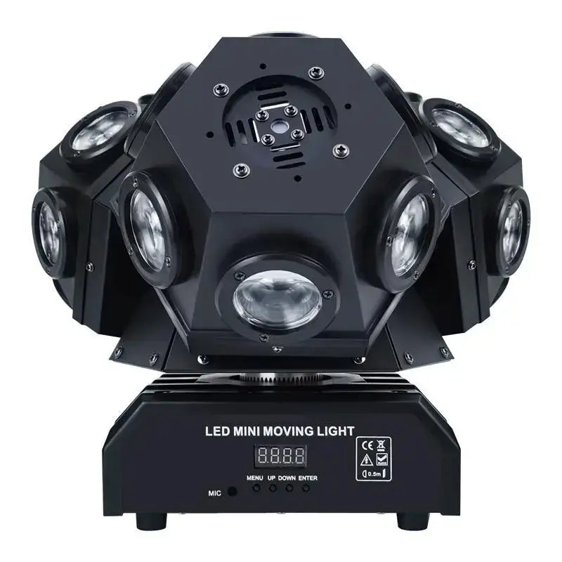 Black 18x10w rotating moving head light with multiple circular spotlights arranged in a geometric pattern for stage use