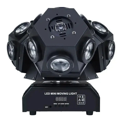 Black 18x10w rotating moving head light with multiple circular spotlights arranged in a geometric pattern for stage use