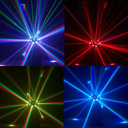 Black 18x10w rotating moving head light stage spotlight emitting vibrant red green blue and purple laser beams in starburst pattern