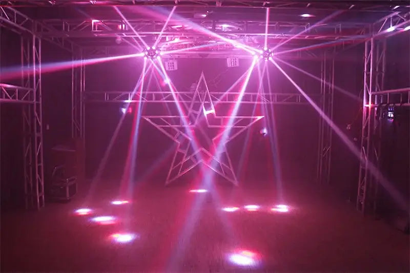 Black 18x10w rotating moving head light projects pink star-shaped laser patterns across a dark stage for dynamic lighting
