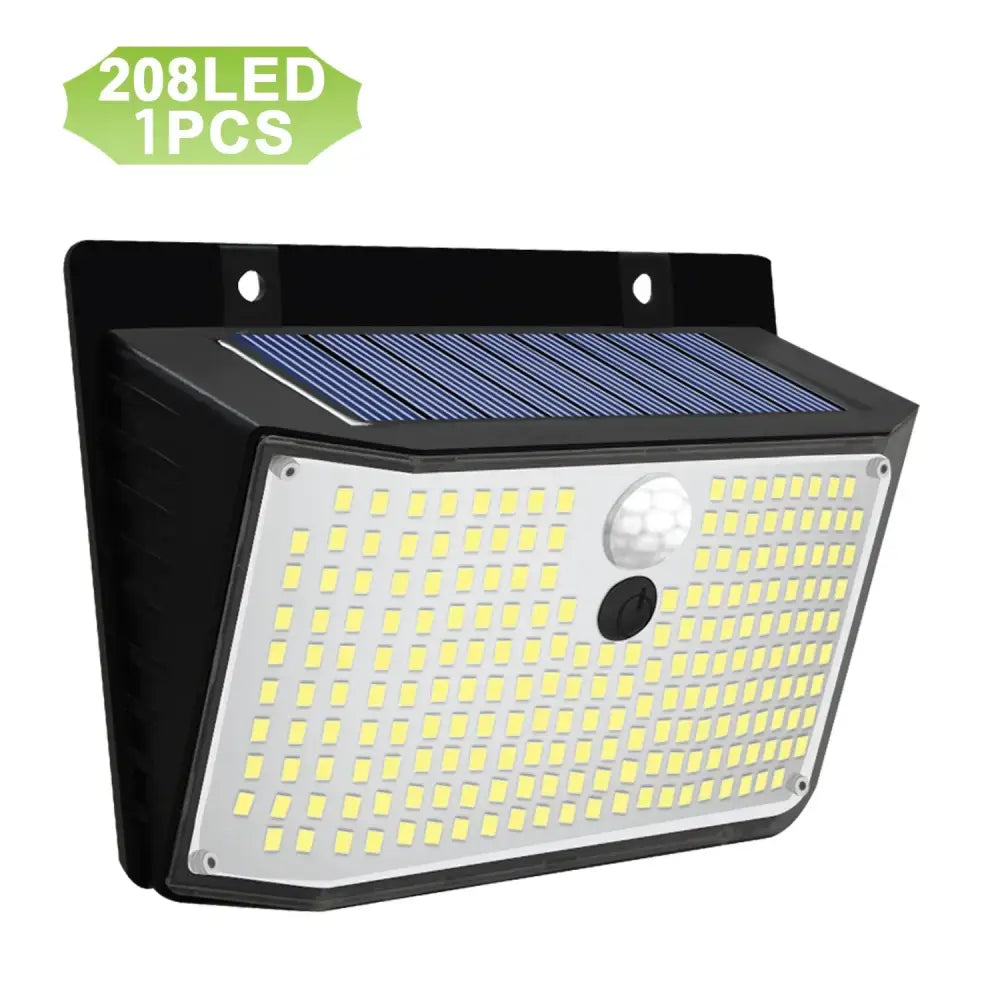 Black led solar outdoor light with 208 bright white leds and outdoor motion sensor for garden use