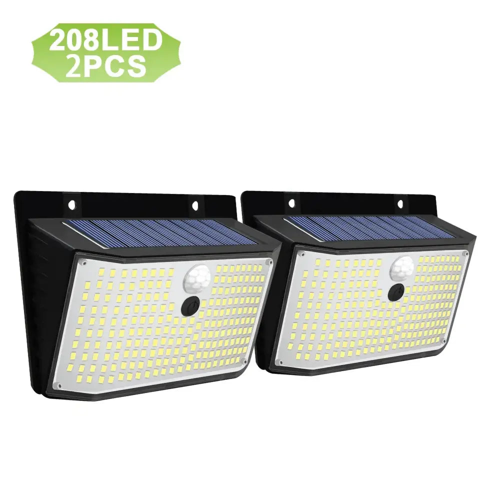 Black 208 led solar outdoor motion sensor garden light with waterproof design and integrated blue solar panels