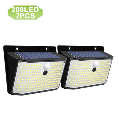 Black 208 led solar outdoor motion sensor garden light with waterproof design and integrated blue solar panels