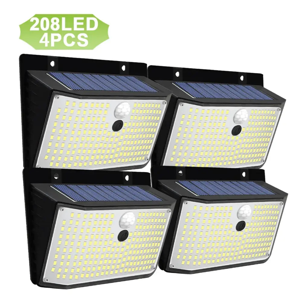 Black 208 led solar outdoor motion sensor waterproof garden lights with bright white leds and blue solar panel