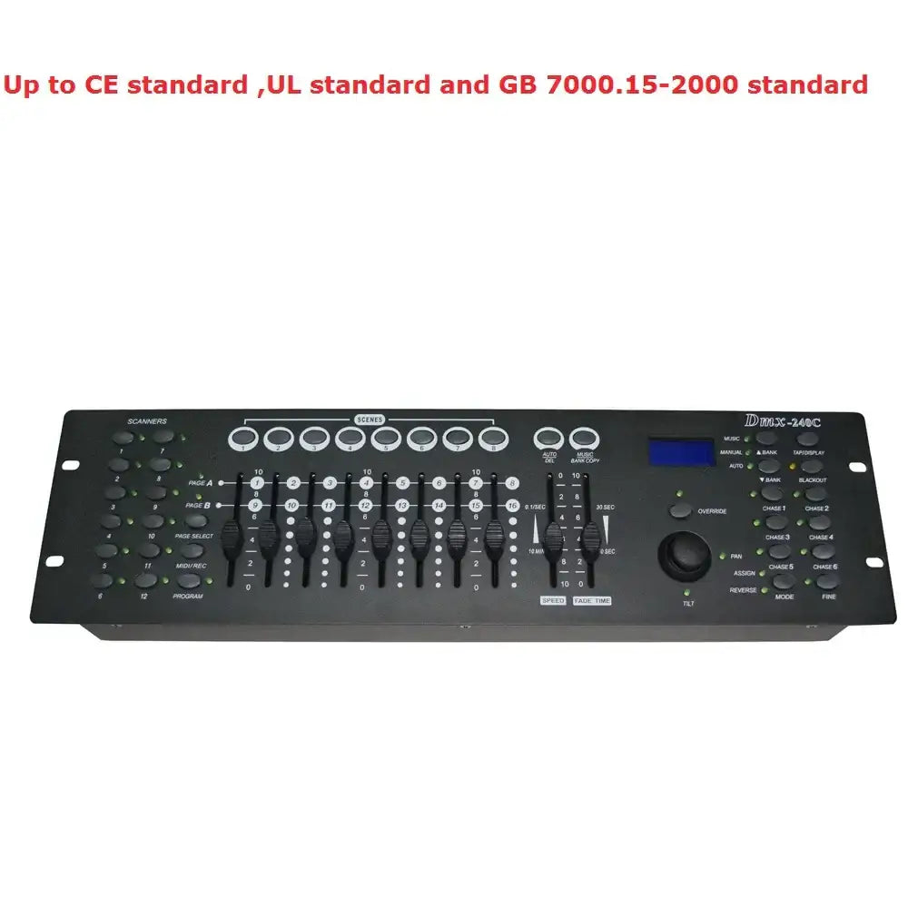 Black 240c dmx controller with digital display and rotary knobs for stage and party lighting effects