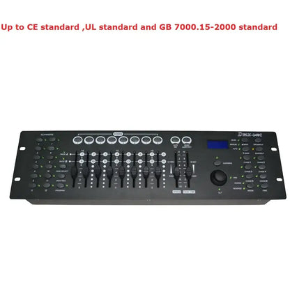 Black 240c dmx controller with digital display and rotary knobs for stage and party lighting effects