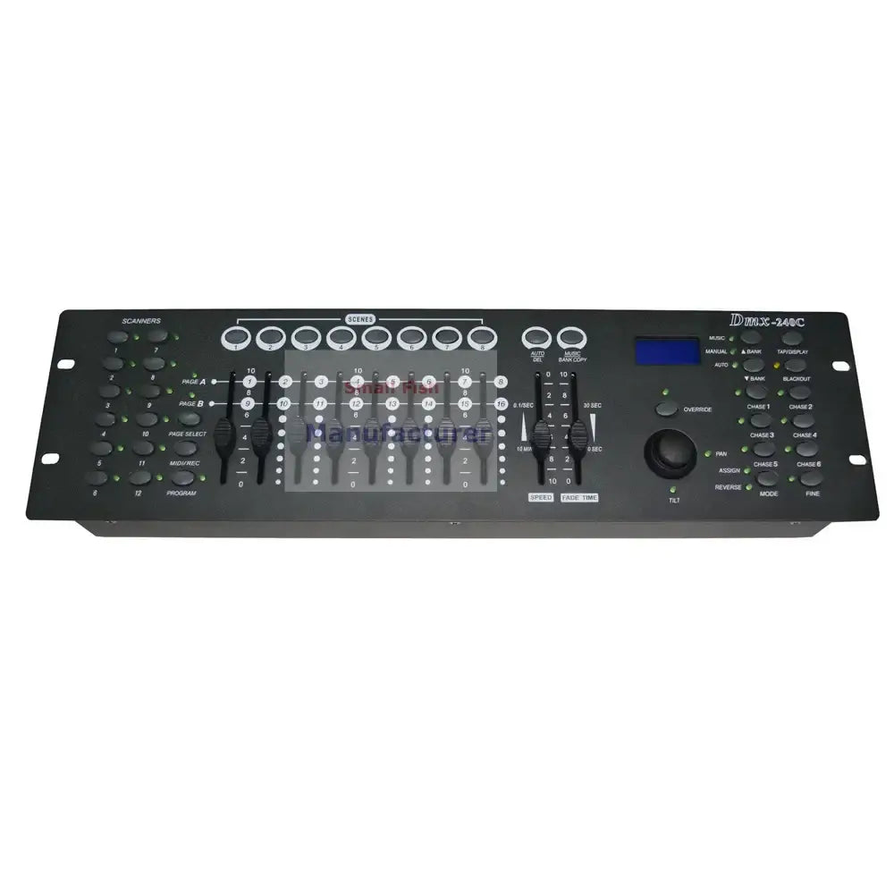 Black 240c dmx controller with multiple knobs sliders and digital display for stage and party lighting control