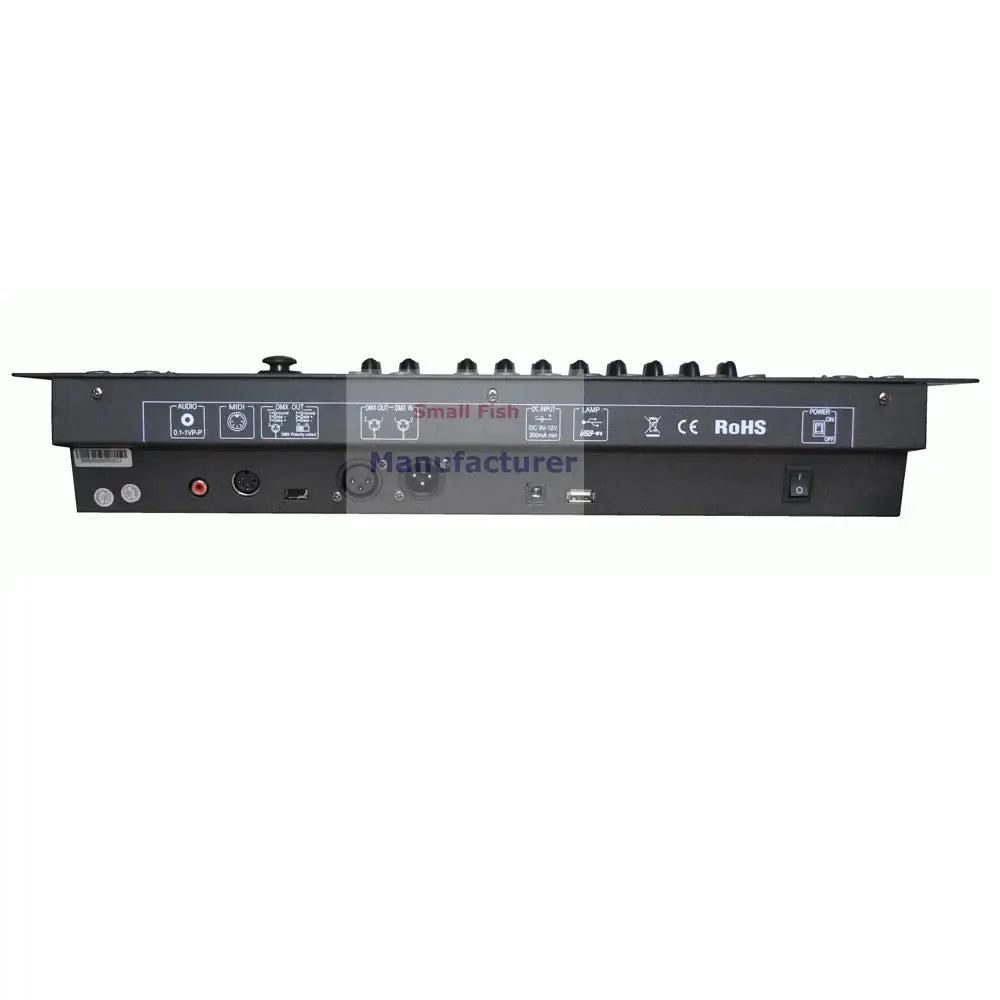 Black rectangular 240c dmx controller audio mixing console with multiple ports and control knobs for stage lighting