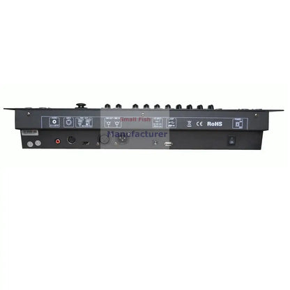 Black rectangular 240c dmx controller audio mixing console with multiple ports and control knobs for stage lighting