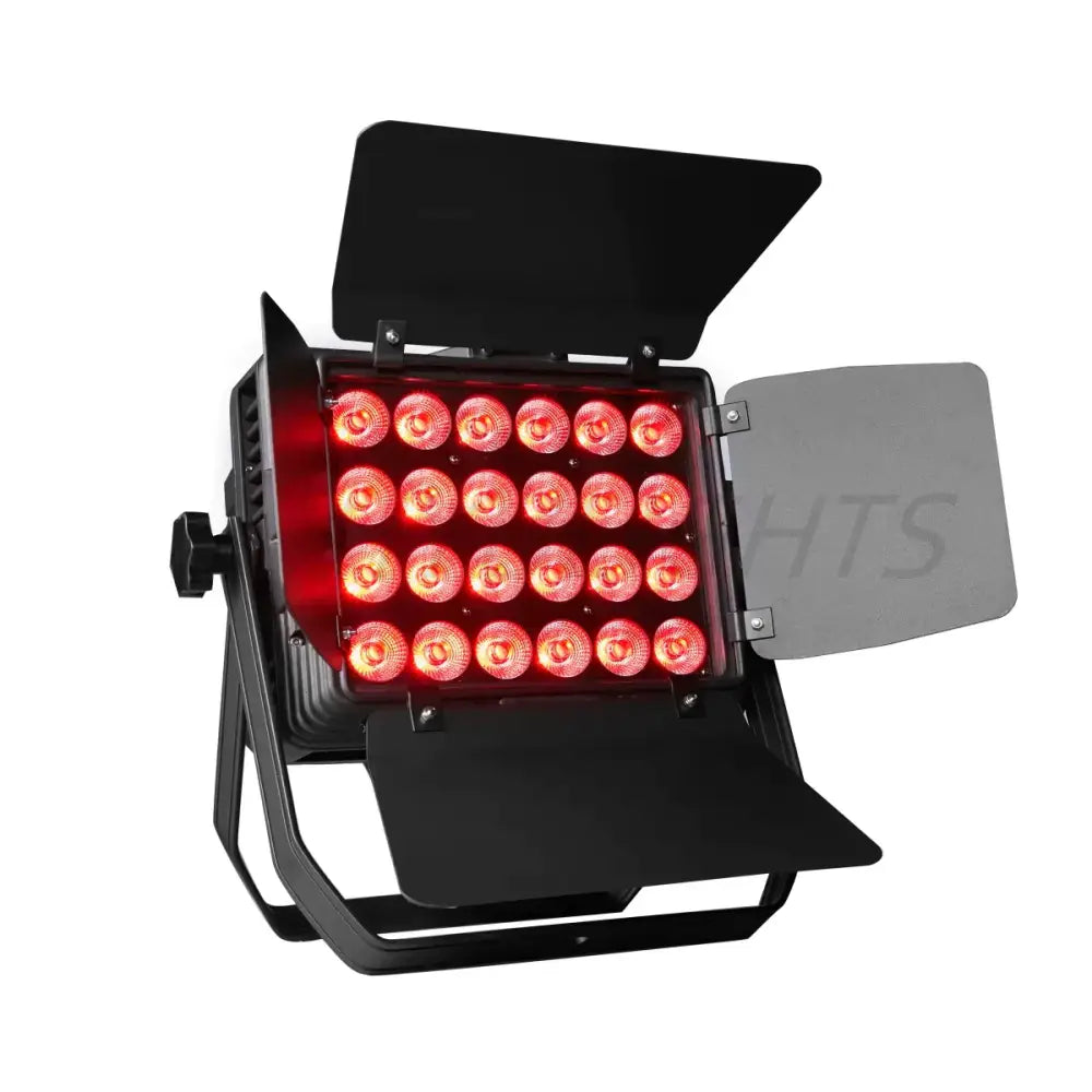 Black 24x18w rgbwa uv led wall wash with 24 red circular bulbs and adjustable barn doors for living room lighting control