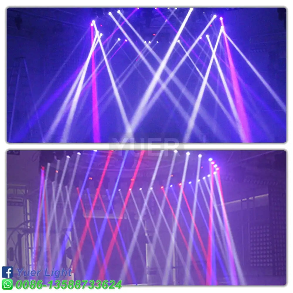 Black 4 head rgbw mini moving head light bar displaying purple and white laser beams for bar and stage use