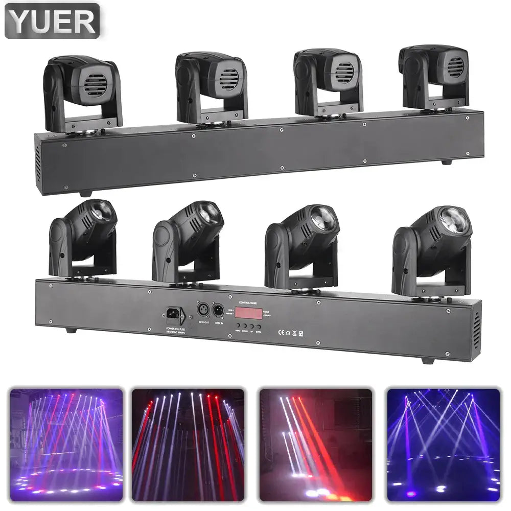 Black 4 head rgbw mini moving head light bar with eight spotlights for bar and stage lighting use