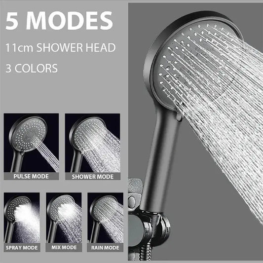 Black 11cm adjustable high pressure shower head with five spray modes for bathroom use