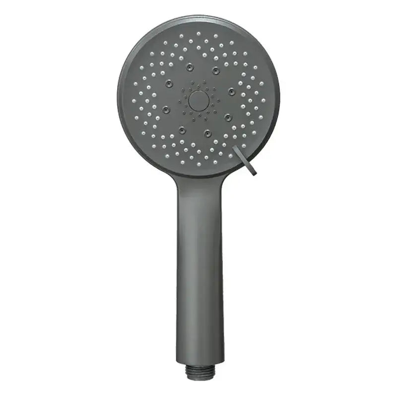 Matte gray handheld shower head with circular face and multiple nozzles for adjustable high pressure shower use