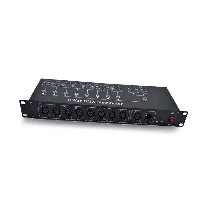 Black 8-way dmx512 splitter stage lighting signal amplifier with eight XLR ports and red power switch visible on the back