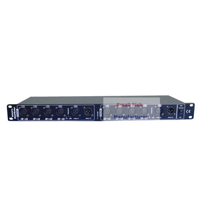 Black 8 way rack-mount audio distributor with multiple xlr jacks for stage lighting effect in living room stage setup