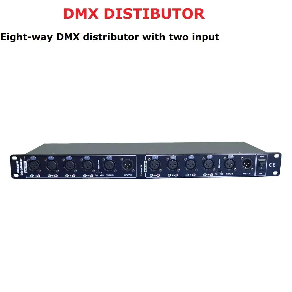Black eight-way stage lighting signal splitter with two input ports and multiple xlr connectors for lighting effect