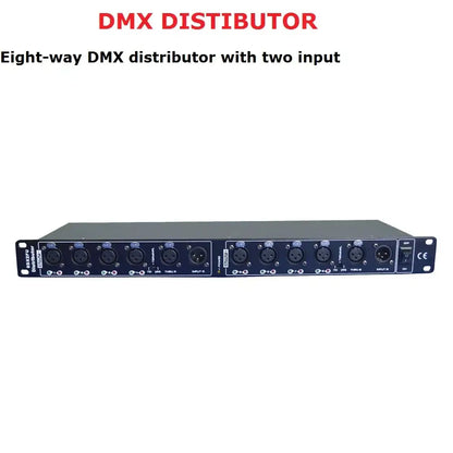 Black eight-way stage lighting signal splitter with two input ports and multiple xlr connectors for lighting effect
