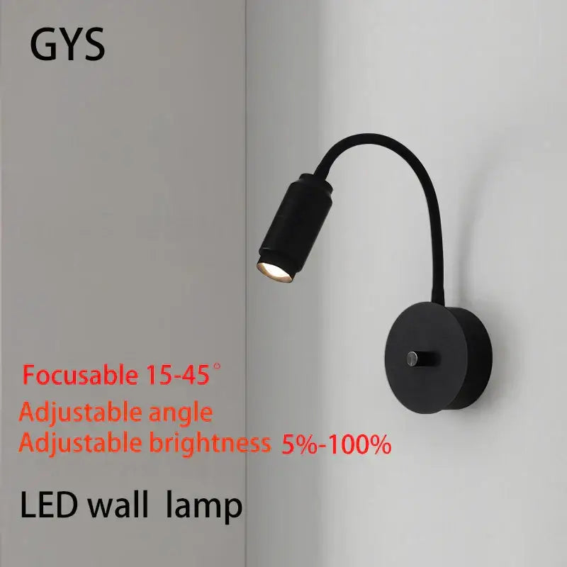 Black adjustable angle LED wall lamp with gooseneck arm and focusable light for bedroom decorbites adjustable angle
