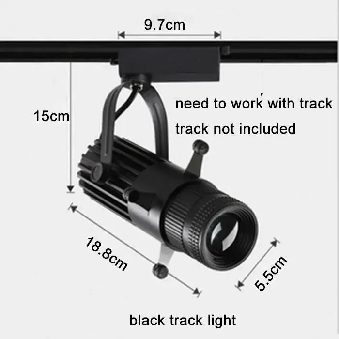 Black decorbites adjustable aperture led spotlight with cylindrical body and textured lens for commercial track lighting