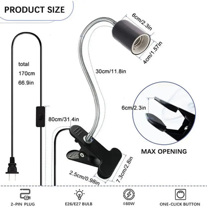 Black adjustable gooseneck clip lamp holder with e26 e27 socket for bedroom desk light by decorbites adjustable gooseneck